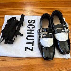 SCHUTZ Glossy Black Double Strap Square Toe Ballet Flat Shoes